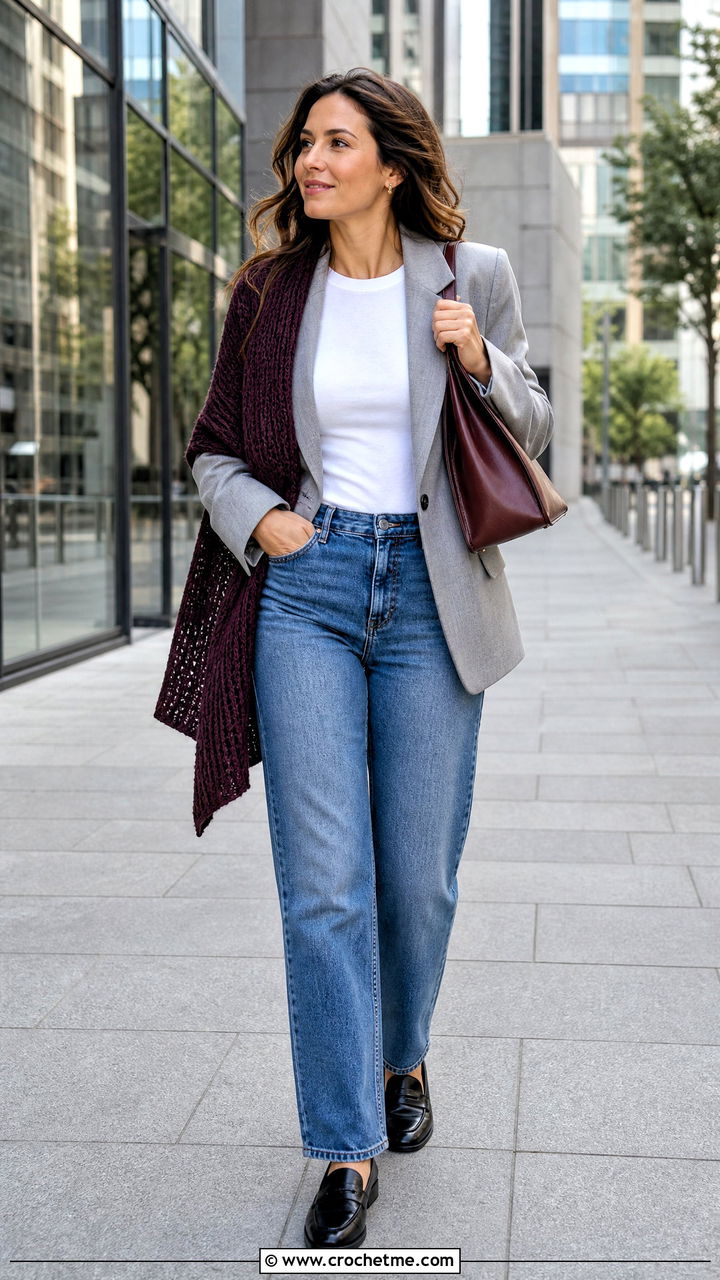 Tunisian Crochet Wrap With Blazer And Jeans - 35 crochet shawls and wraps outfit ideas