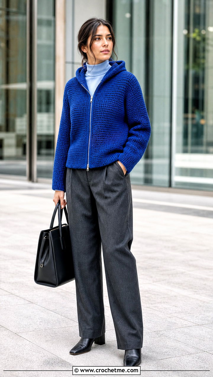 Tunisian Crochet Zip Up Hoodie With Wool Trousers - 30 crochet zip up hoodie outfit ideas