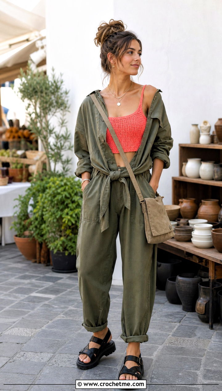 Tunisian Cropped Tank With Utility Jumpsuit - 15 tunisian crochet tank top outfit ideas