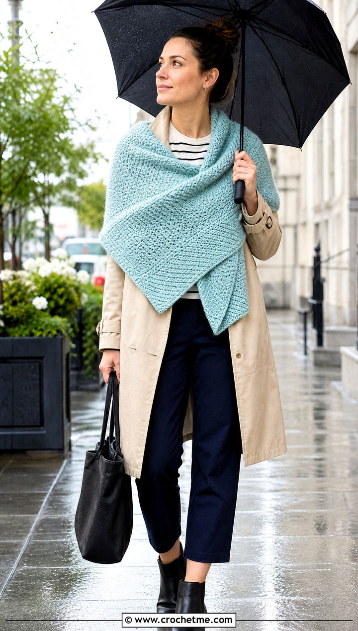 Tunisian DK Yarn Crochet Shawl With Trench Coat - 25 Crochet Shawl Dk Yarn outfit ideas