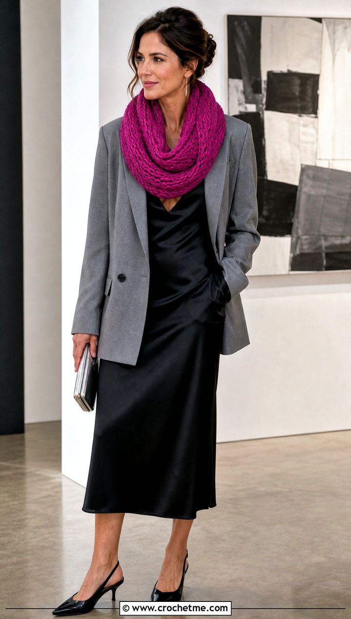 Tunisian Double Crochet Infinity Scarf With Slip Dress And Blazer - 15 Tunisian Crochet Infinity Scarf outfit ideas