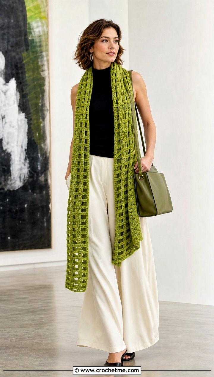 Tunisian Drop Stitch Scarf With Palazzo Pants - 35 tunisian crochet scarf outfit ideas