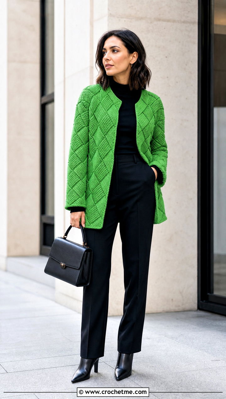 Tunisian Entrelac Cardigan With Tailored Black Pants - 35 tunisian crochet cardigan outfit ideas