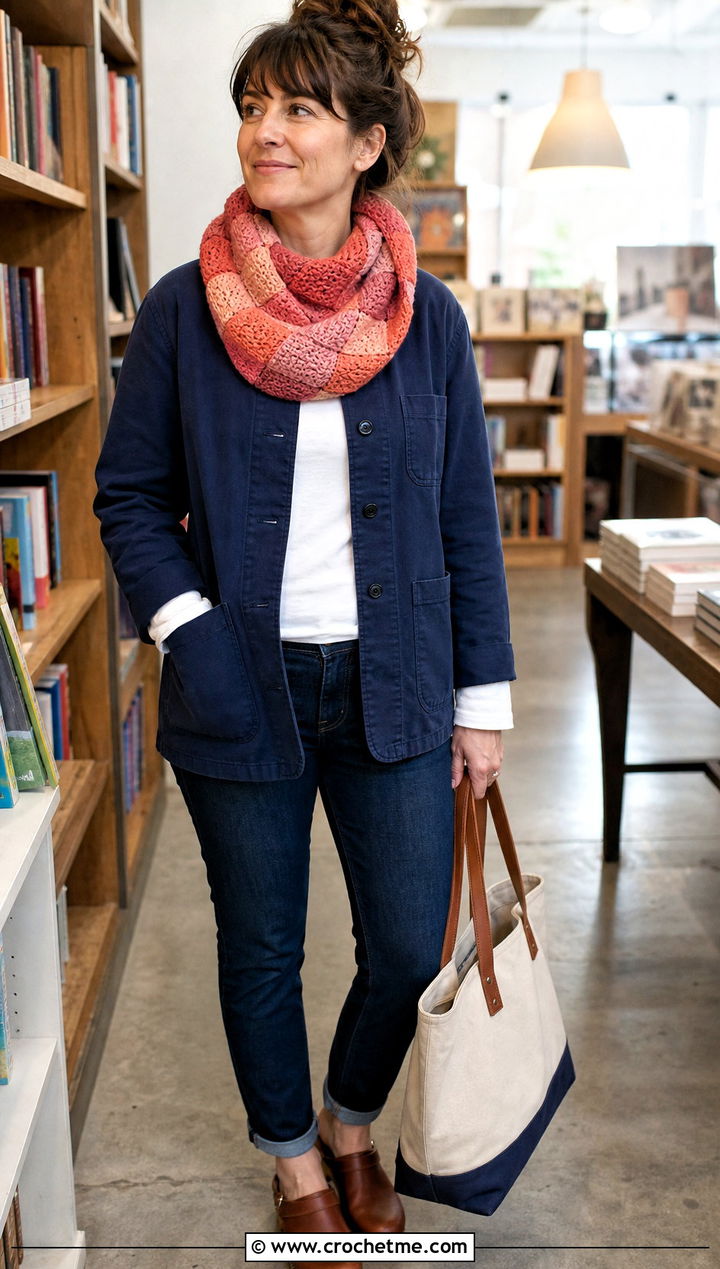 Tunisian Entrelac Cowl With Chore Jacket And Jeans - 15 Tunisian Crochet Cowl outfit ideas