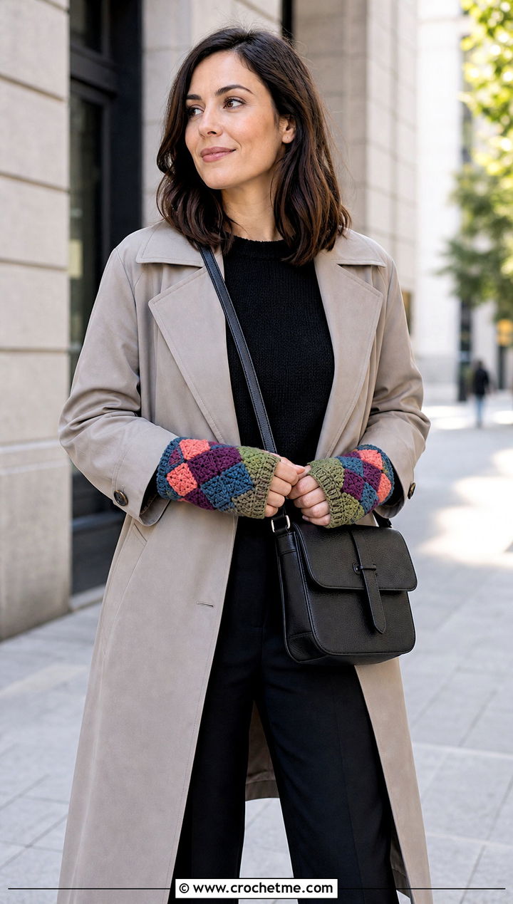 Tunisian Entrelac Fingerless Gloves With Trench Coat - 25 tunisian crochet fingerless gloves outfit ideas
