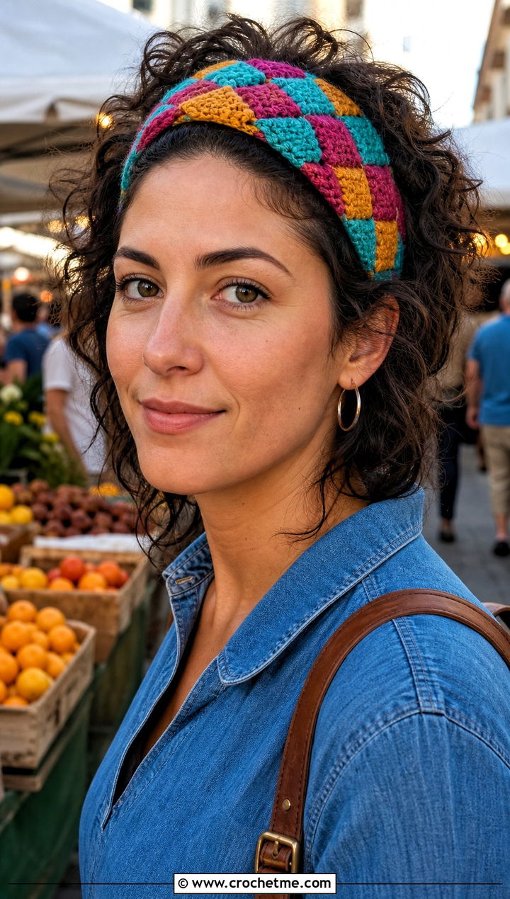 Tunisian Entrelac Headband With Denim Dress - 30 tunisian crochet headband outfit ideas