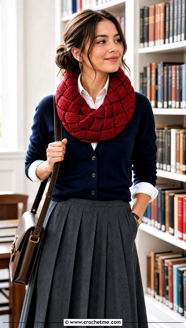 Tunisian Entrelac Infinity Scarf With Cardigan And Pleated Skirt - 15 Tunisian Crochet Infinity Scarf outfit ideas