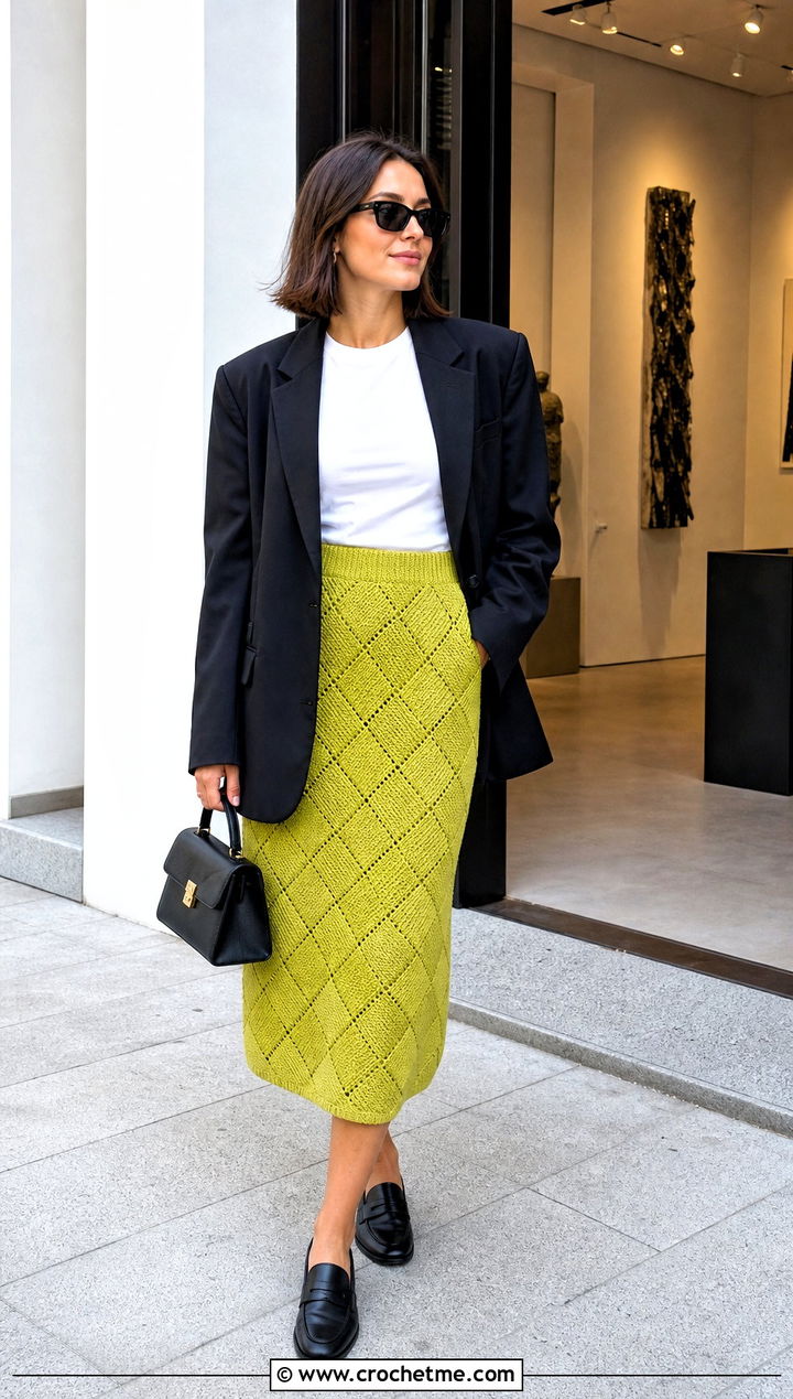 Tunisian Entrelac Midi Skirt With T Shirt And Blazer - 20 Tunisian Crochet Clothing and outfit ideas