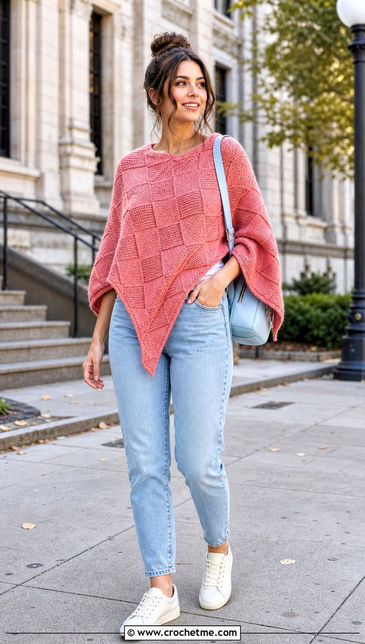 Tunisian Entrelac Poncho With Mom Jeans - 30 tunisian crochet poncho outfit ideas