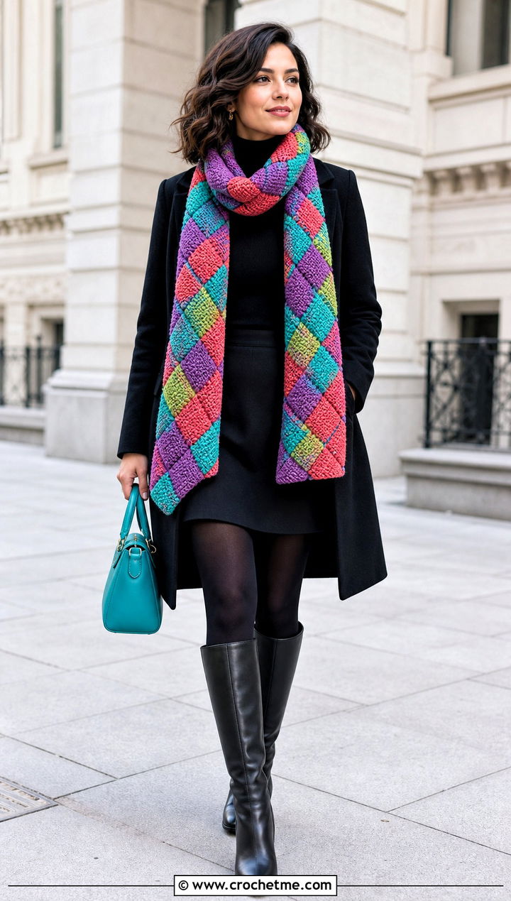 Tunisian Entrelac Scarf With Black Coat And Mini Skirt - 35 tunisian crochet scarf outfit ideas