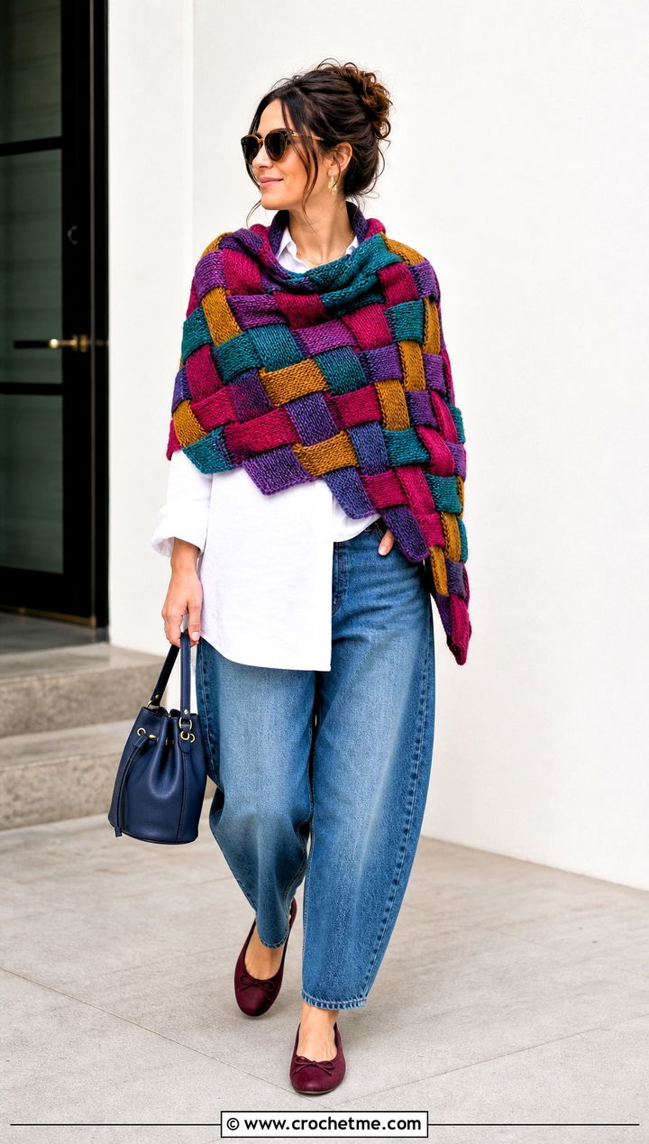 Tunisian Entrelac Shawl With White Shirt And Barrel Jeans - 35 tunisian crochet shawl outfit ideas