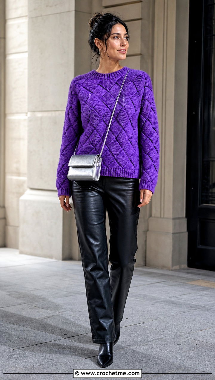 Tunisian Entrelac Sweater With Black Leather Pants - 35 tunisian crochet sweater outfit ideas