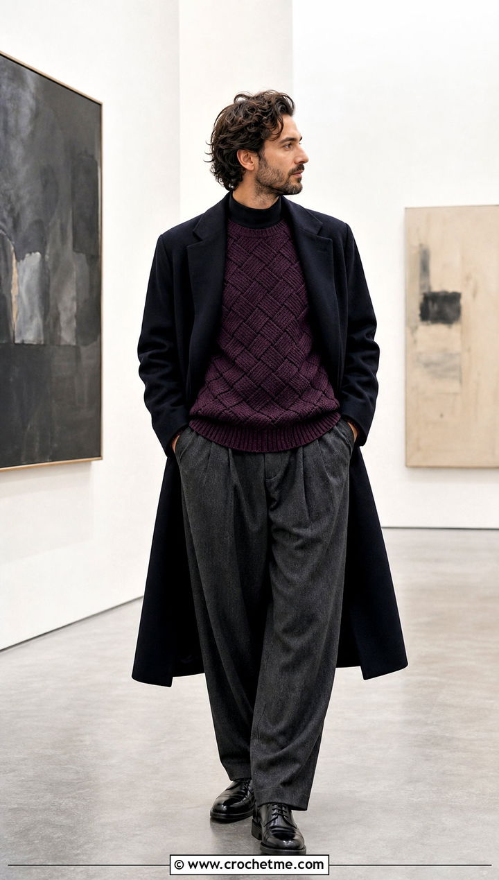 Tunisian Entrelac Sweater With Pleated Trousers - 15 Tunisian Crochet Mens Sweater outfit ideas