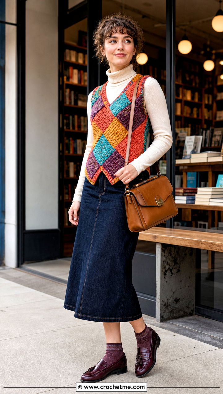 Tunisian Entrelac Vest With Denim Midi Skirt - 20 Tunisian Crochet Vest outfit ideas