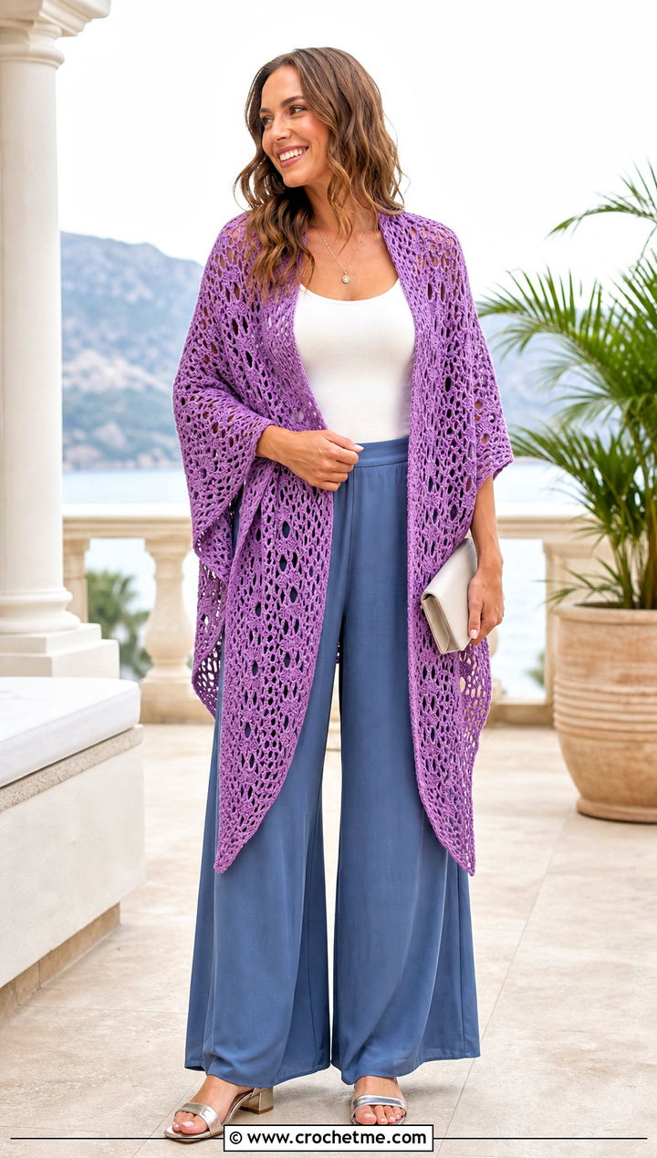 Tunisian Eyelet Shawl With Camisole And Palazzo Pants - 35 tunisian crochet shawl outfit ideas