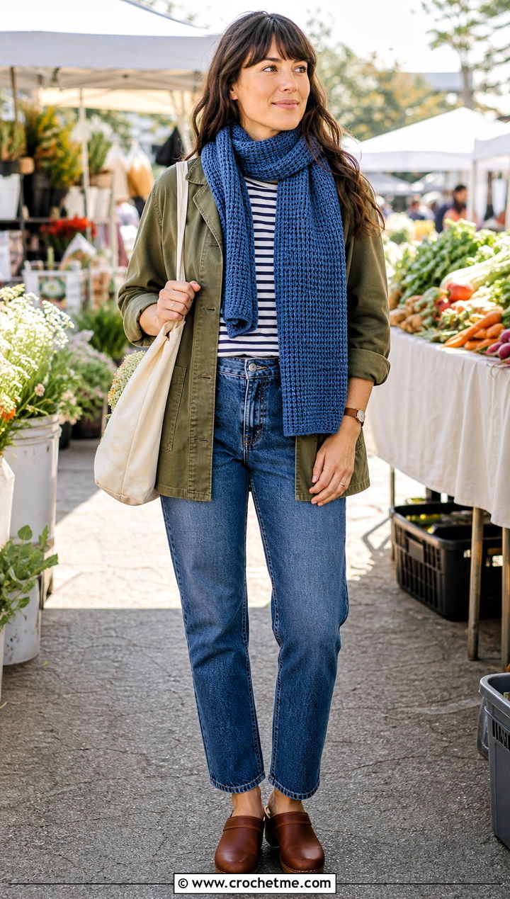 Tunisian Field Stitch Scarf With Chore Coat - 35 tunisian crochet scarf outfit ideas