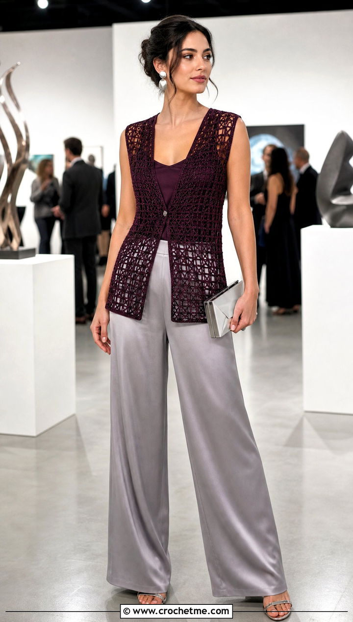 Tunisian Filet Vest With Satin Trousers - 20 Tunisian Crochet Vest outfit ideas