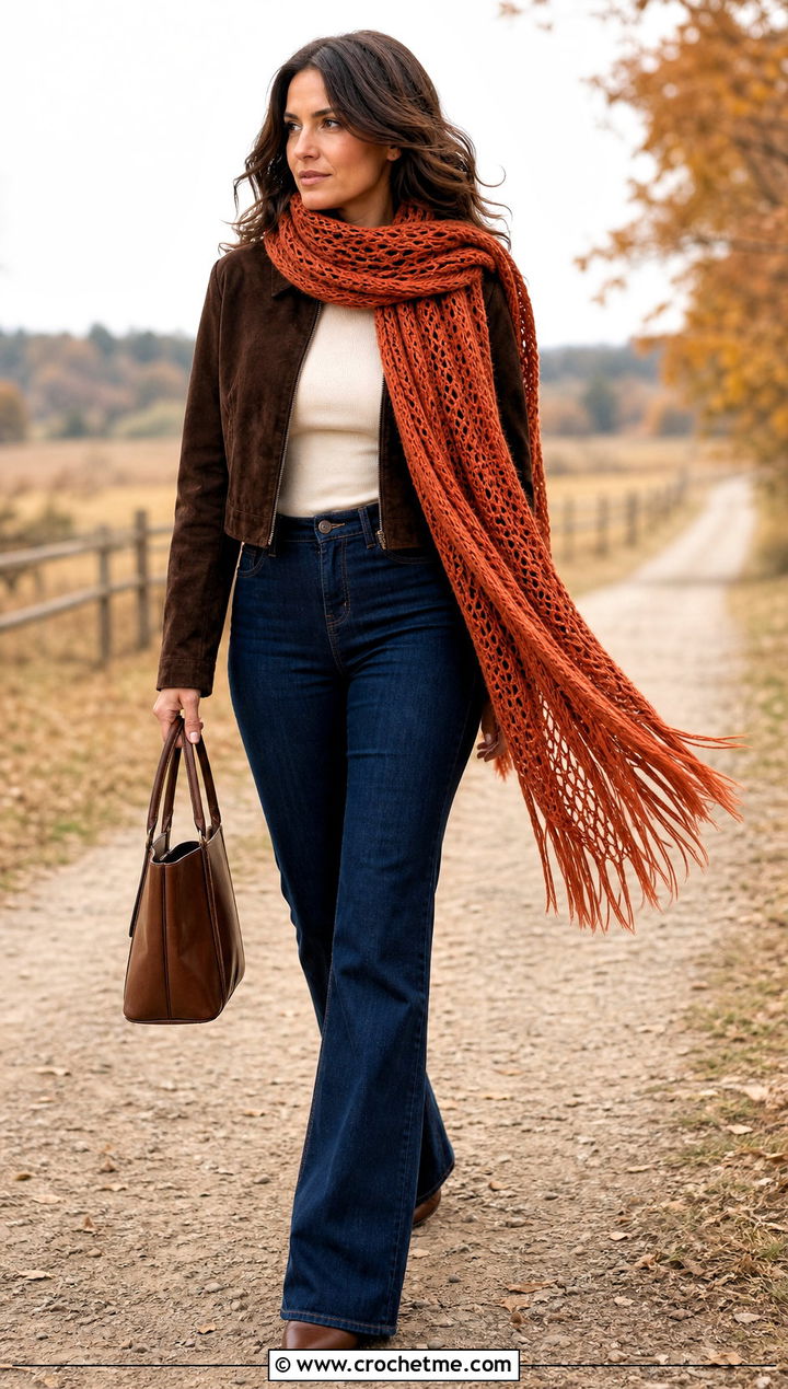Tunisian Fringed Scarf With Suede Jacket - 35 tunisian crochet scarf outfit ideas