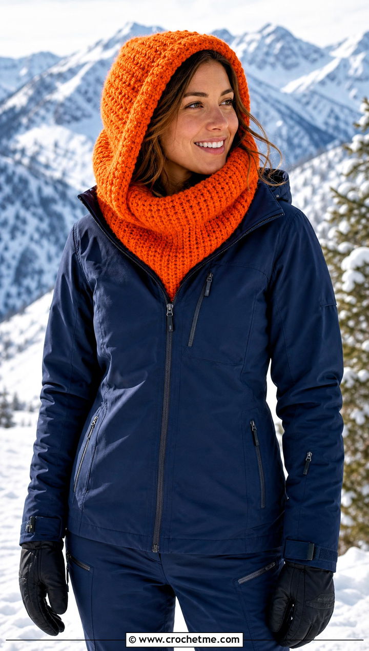 Tunisian Full Stitch Hooded Cowl With Ski Jacket - 15 Tunisian Crochet Hooded Cowl outfit ideas