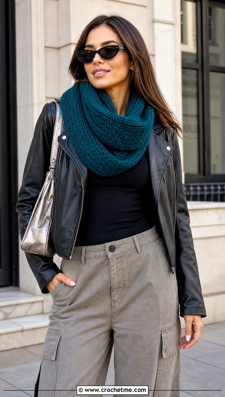 Tunisian Full Stitch Infinity Scarf With Leather Jacket And Cargo Pants - 15 Tunisian Crochet Infinity Scarf outfit ideas