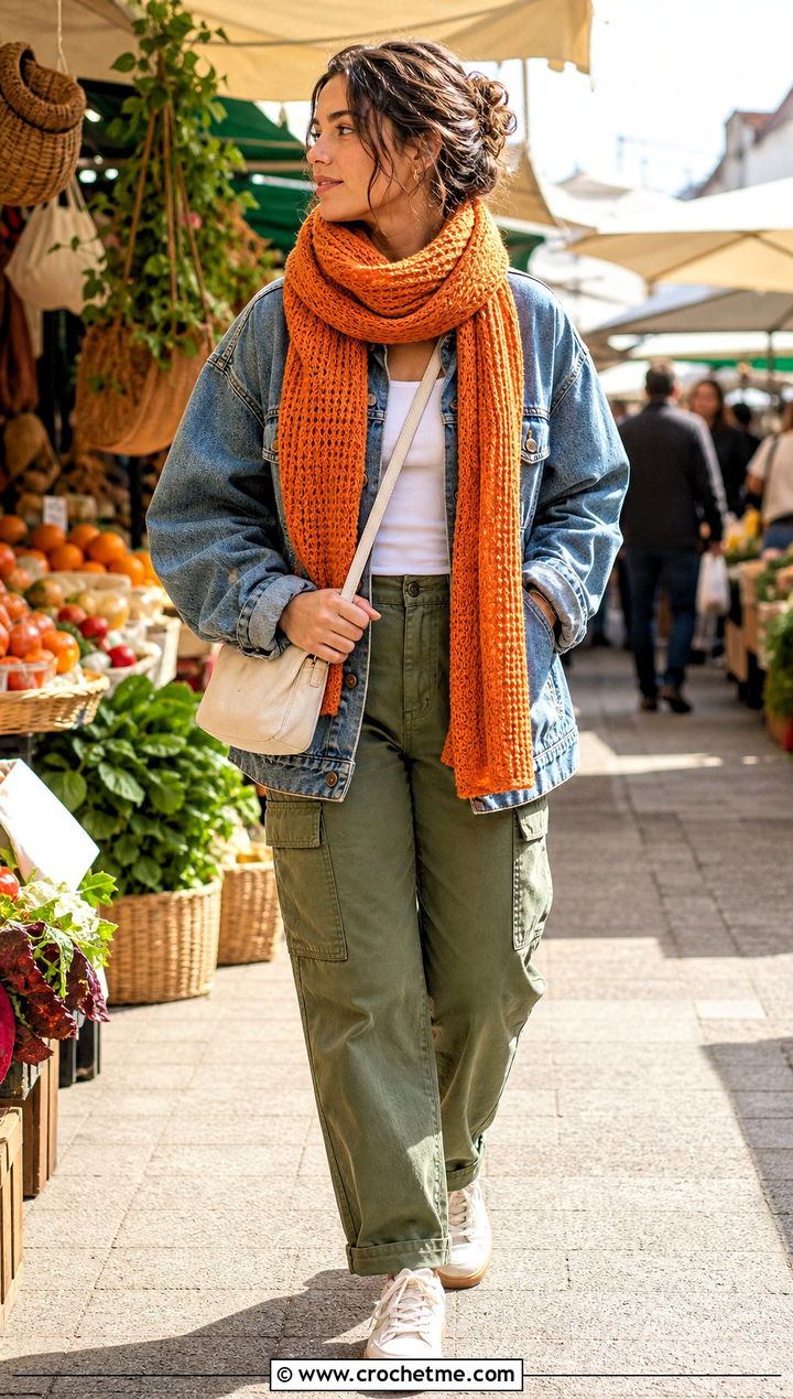 Tunisian Full Stitch Scarf With Denim Jacket And Cargo Pants - 35 tunisian crochet scarf outfit ideas