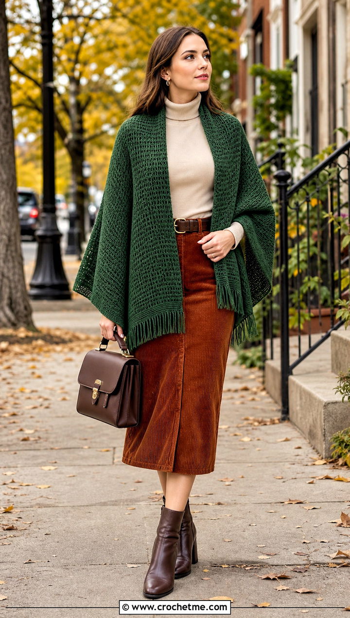 Tunisian Full Stitch Shawl With Corduroy Skirt - 35 tunisian crochet shawl outfit ideas