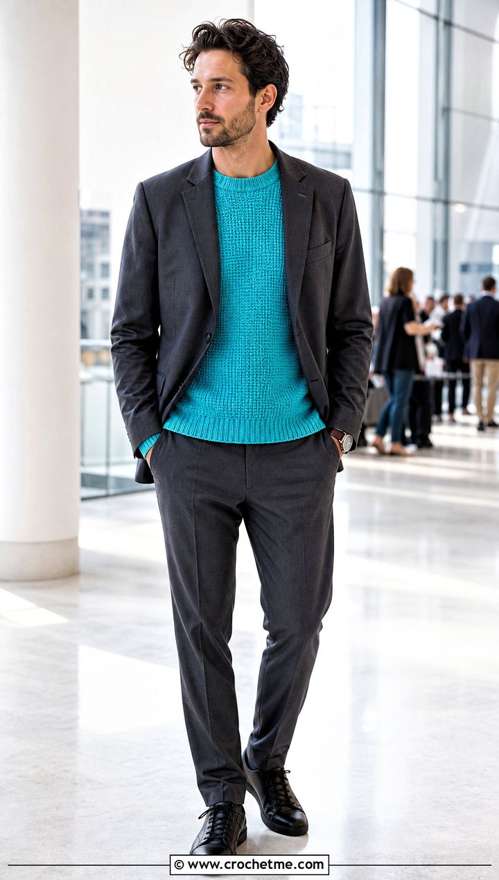 Tunisian Full Stitch Sweater With a Suit - 15 Tunisian Crochet Mens Sweater outfit ideas