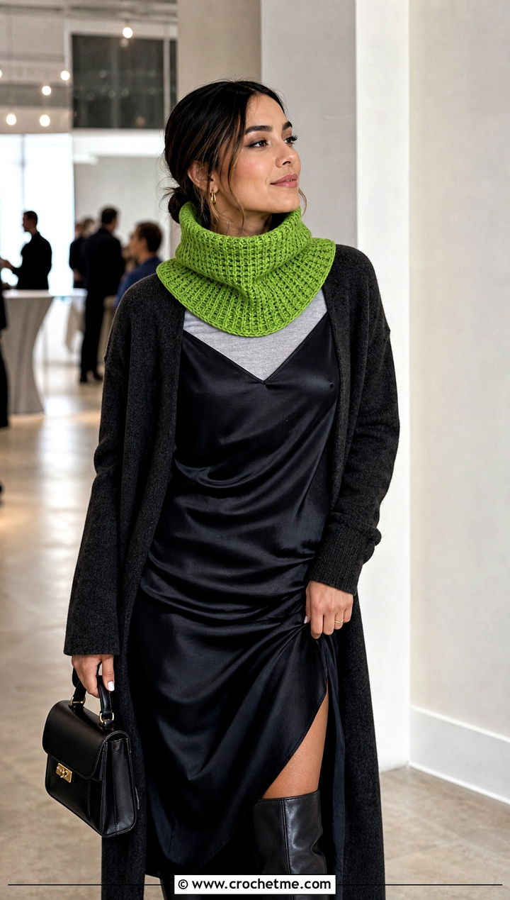 Tunisian Funnel Neck Cowl With Slip Dress And Cardigan - 15 Tunisian Crochet Cowl outfit ideas