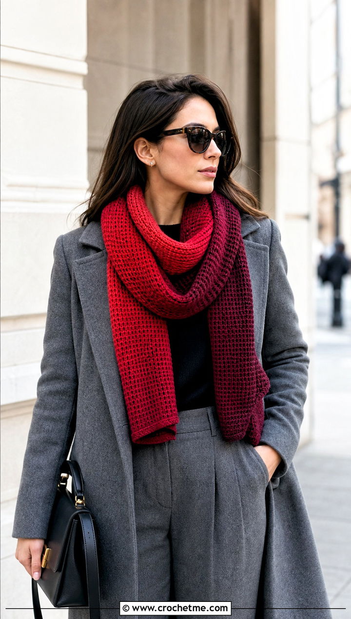 Tunisian Gradient Crochet Scarf With Long Wool Coat - 25 gradient crochet scarf outfit ideas