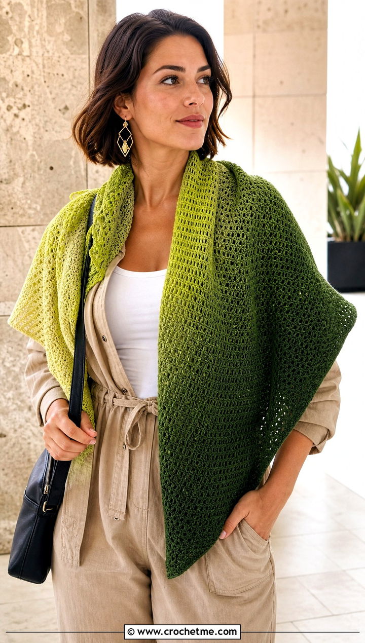 Tunisian Gradient Shawl With Utility Jumpsuit - 15 Crochet Gradient Shawl outfit ideas