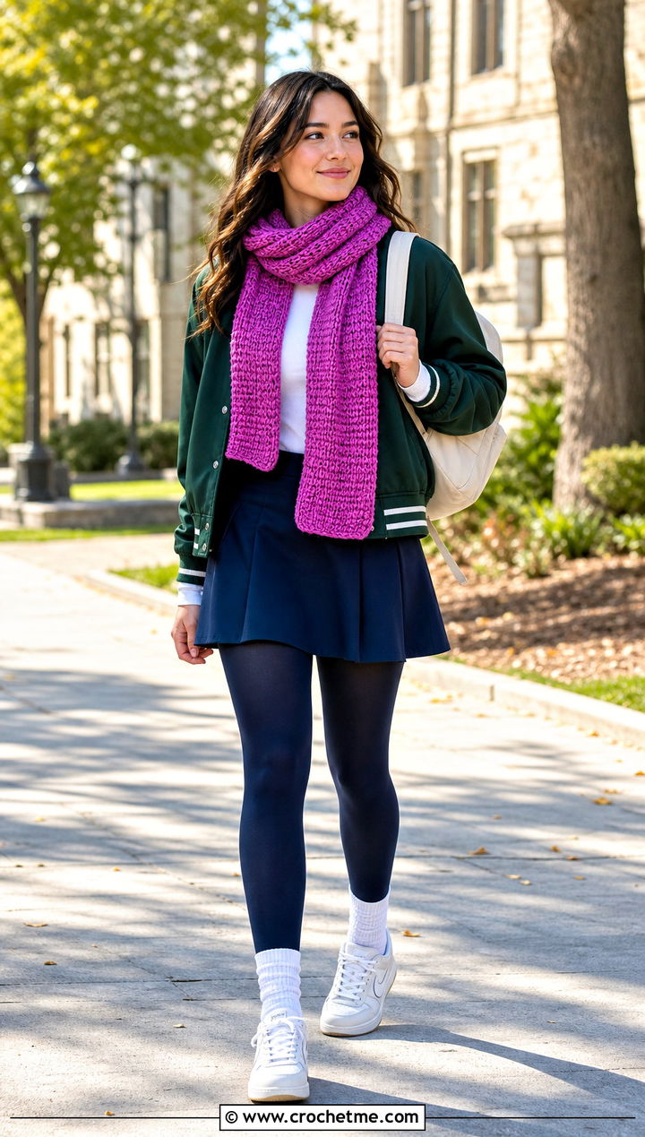 Tunisian Half Double Crochet Scarf With Varsity Jacket - 35 tunisian crochet scarf outfit ideas