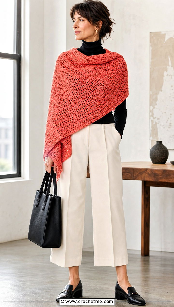 Tunisian Half Moon Crochet Shawl With Turtleneck And Culottes - 25 Half Moon Crochet Shawl outfit ideas