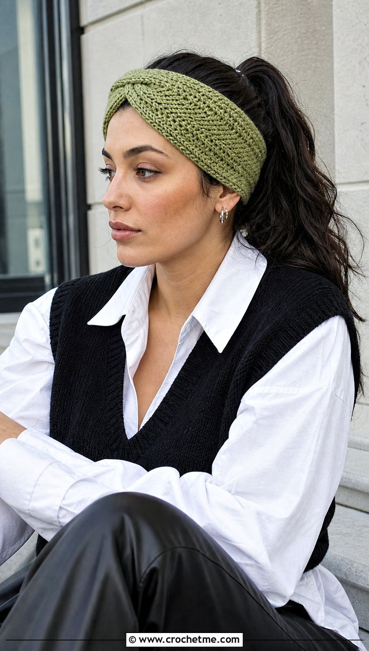 Tunisian Herringbone Headband With Faux Leather Pants - 30 tunisian crochet headband outfit ideas