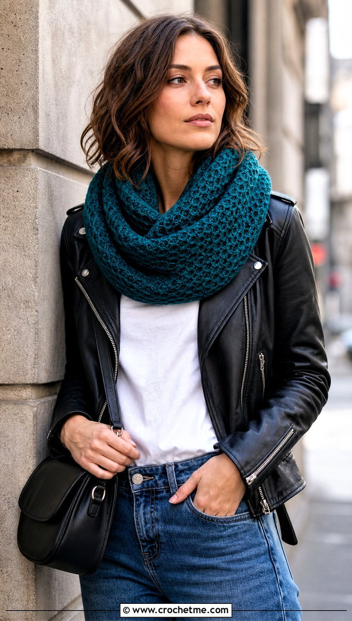 Tunisian Honeycomb Cowl With Leather Jacket - 15 Tunisian Crochet Cowl outfit ideas