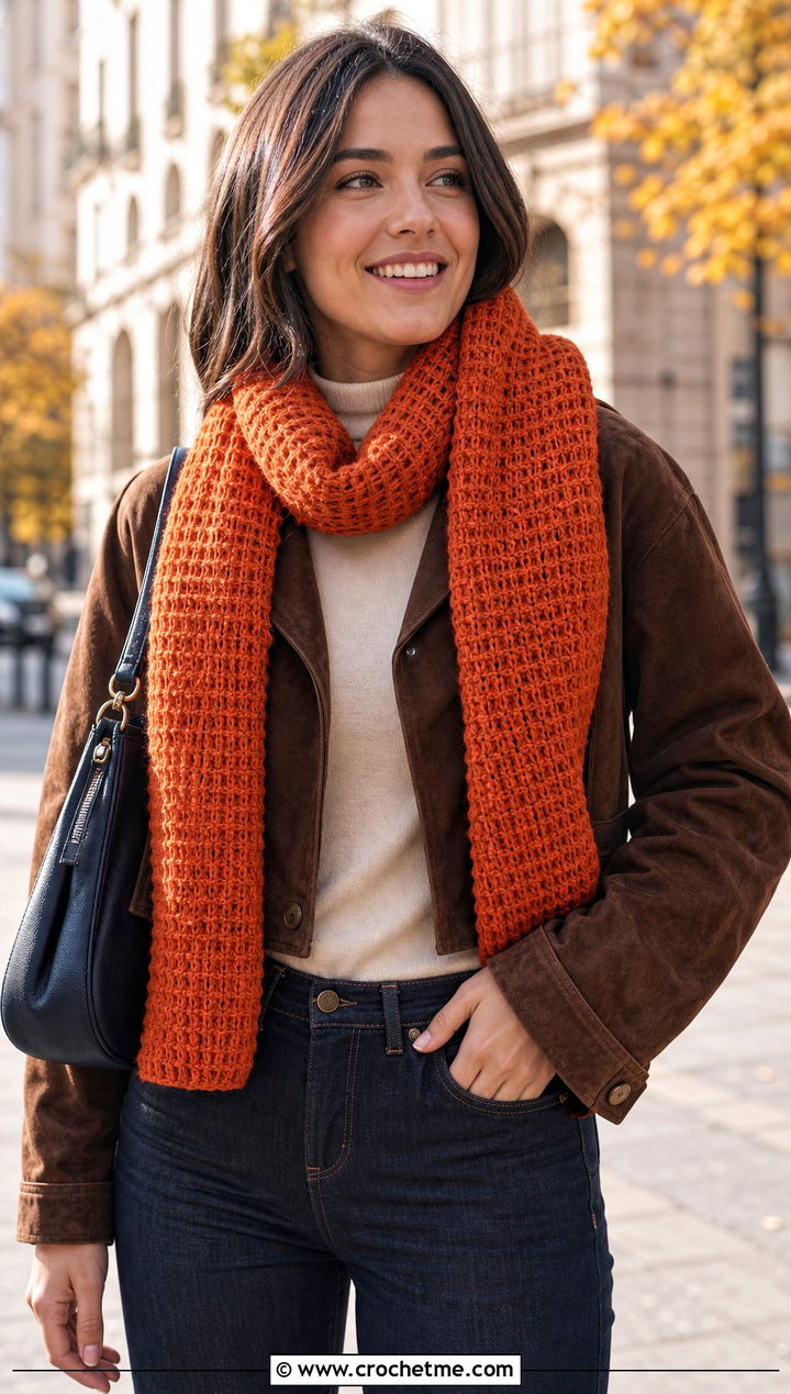 Tunisian Honeycomb Crochet Scarf With Suede Jacket - 15 Textured Crochet Scarf Design outfit ideas