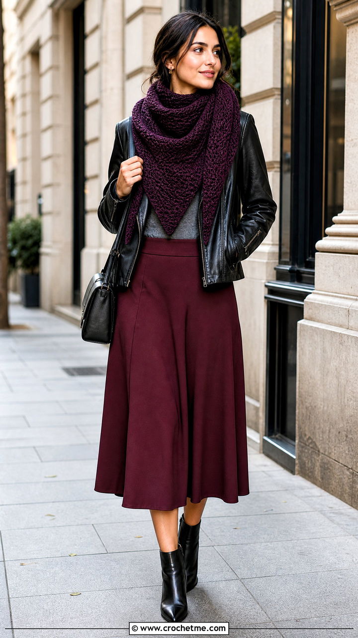 Tunisian Honeycomb Crochet Triangle Scarf With Leather Jacket And Midi Skirt - 35 crochet triangle scarf outfit ideas