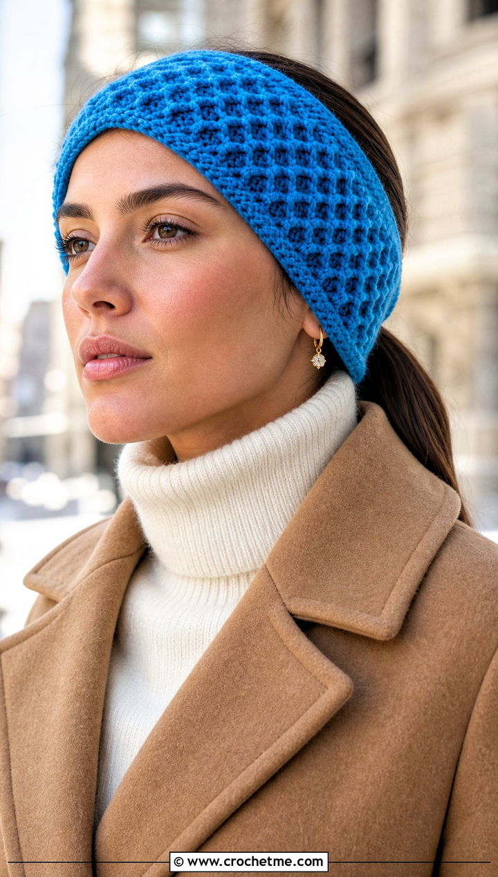 Tunisian Honeycomb Ear Warmer With Wool Coat - 30 tunisian crochet headband outfit ideas