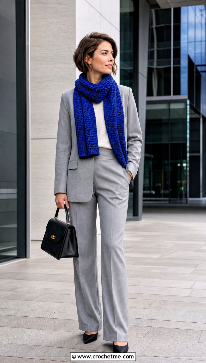 Tunisian Honeycomb Scarf With Blazer And Trousers - 35 tunisian crochet scarf outfit ideas