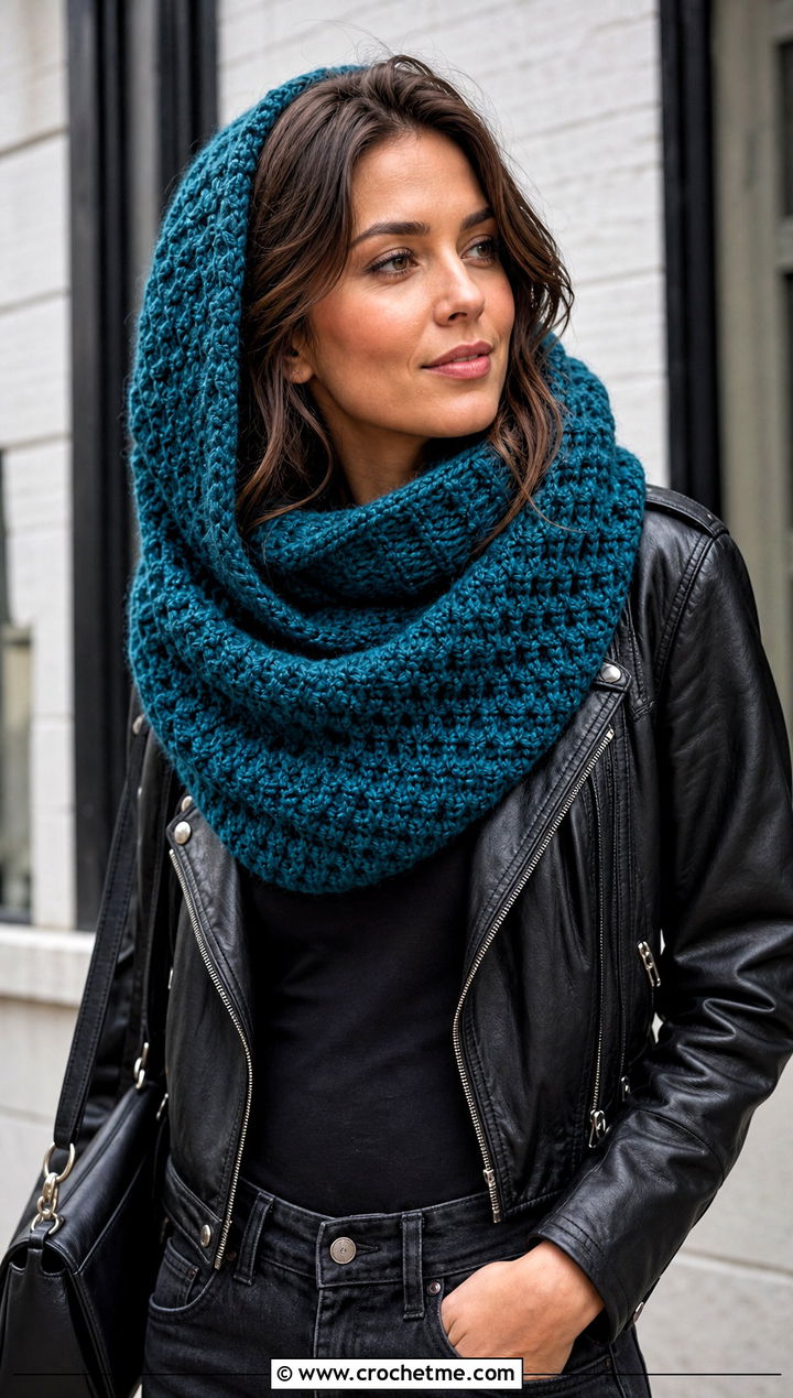 Tunisian Honeycomb Stitch Hooded Cowl With Leather Jacket - 15 Tunisian Crochet Hooded Cowl outfit ideas