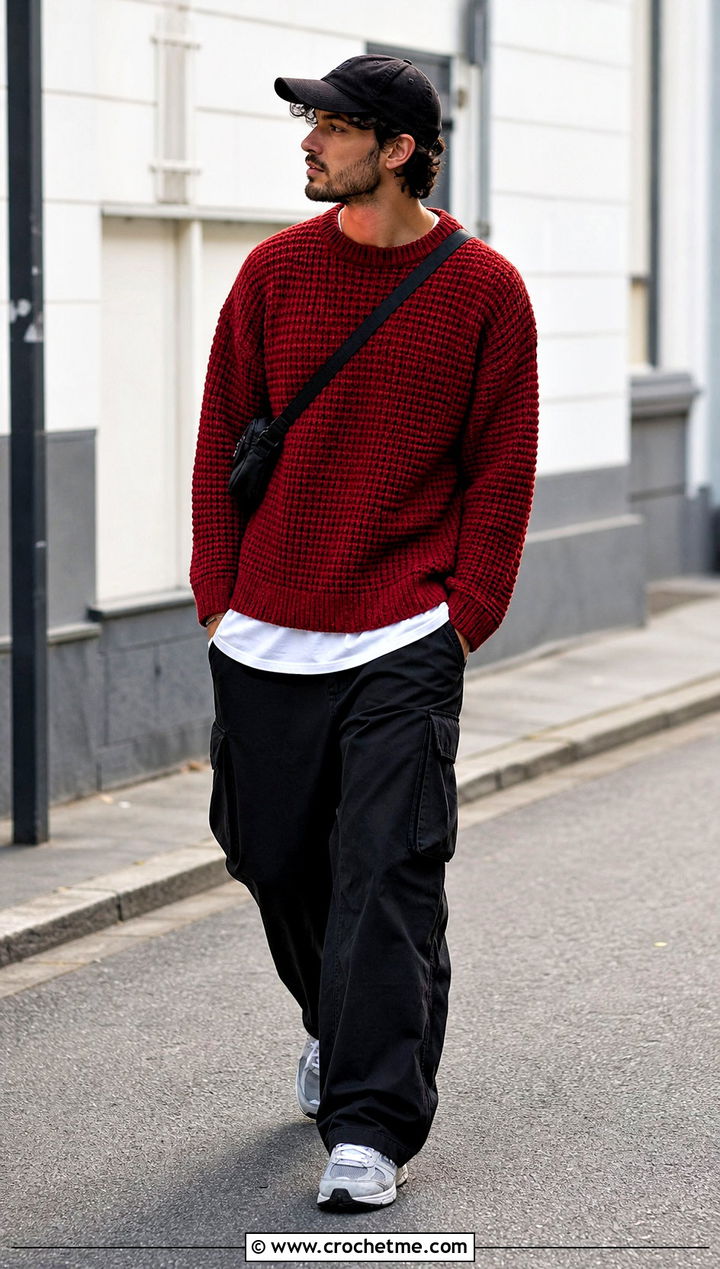 Tunisian Honeycomb Stitch Sweater With Cargo Pants - 15 Tunisian Crochet Mens Sweater outfit ideas