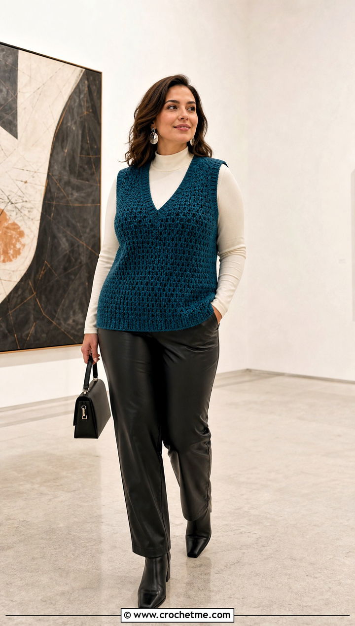 Tunisian Honeycomb Stitch Vest With Leather Pants - 20 Tunisian Crochet Vest outfit ideas