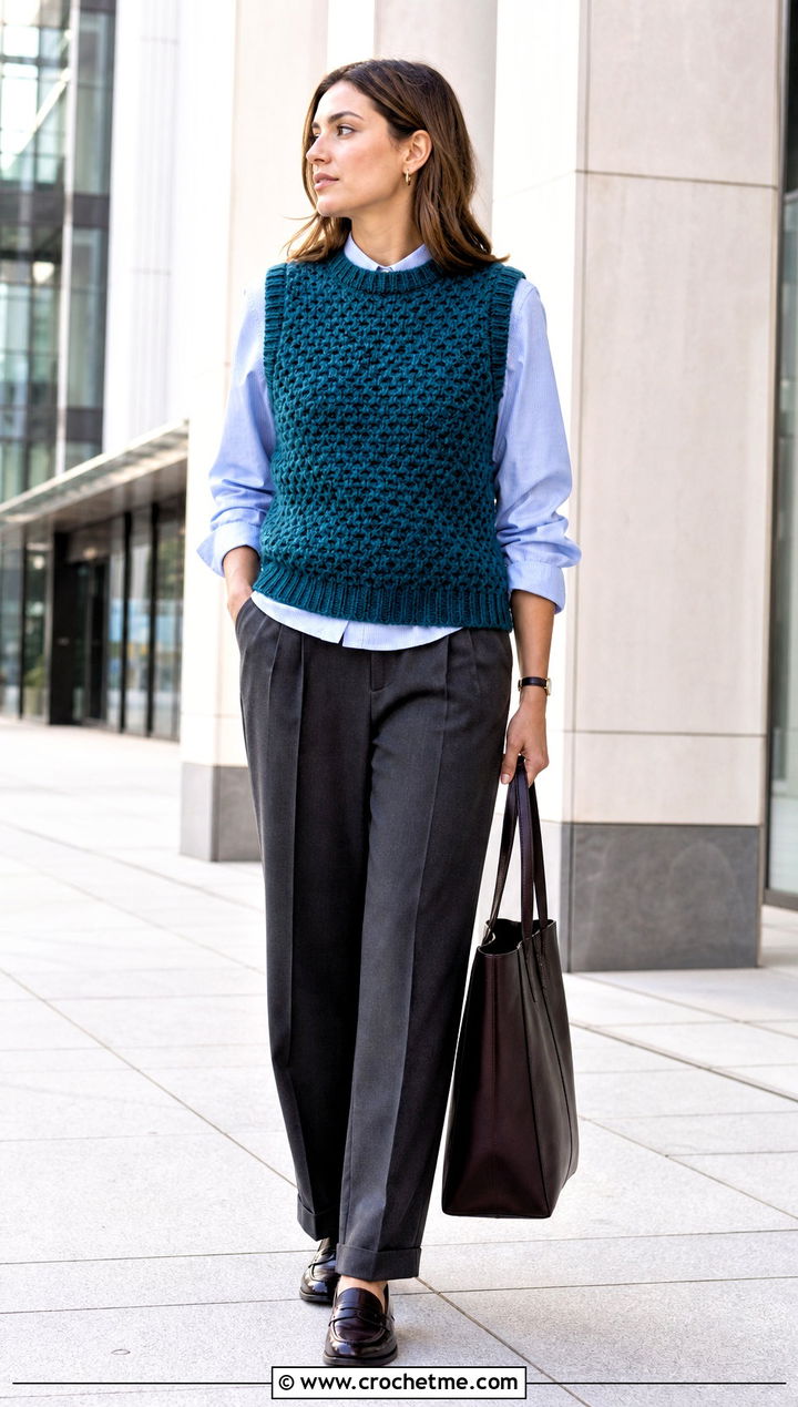 Tunisian Honeycomb Stitch Vest With Shirt And Trousers - 20 Tunisian Crochet Clothing and outfit ideas