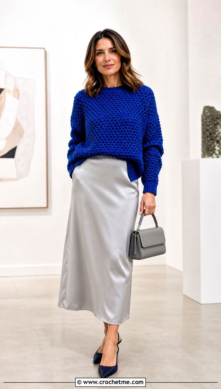 Tunisian Honeycomb Sweater With Satin Midi Skirt - 35 tunisian crochet sweater outfit ideas