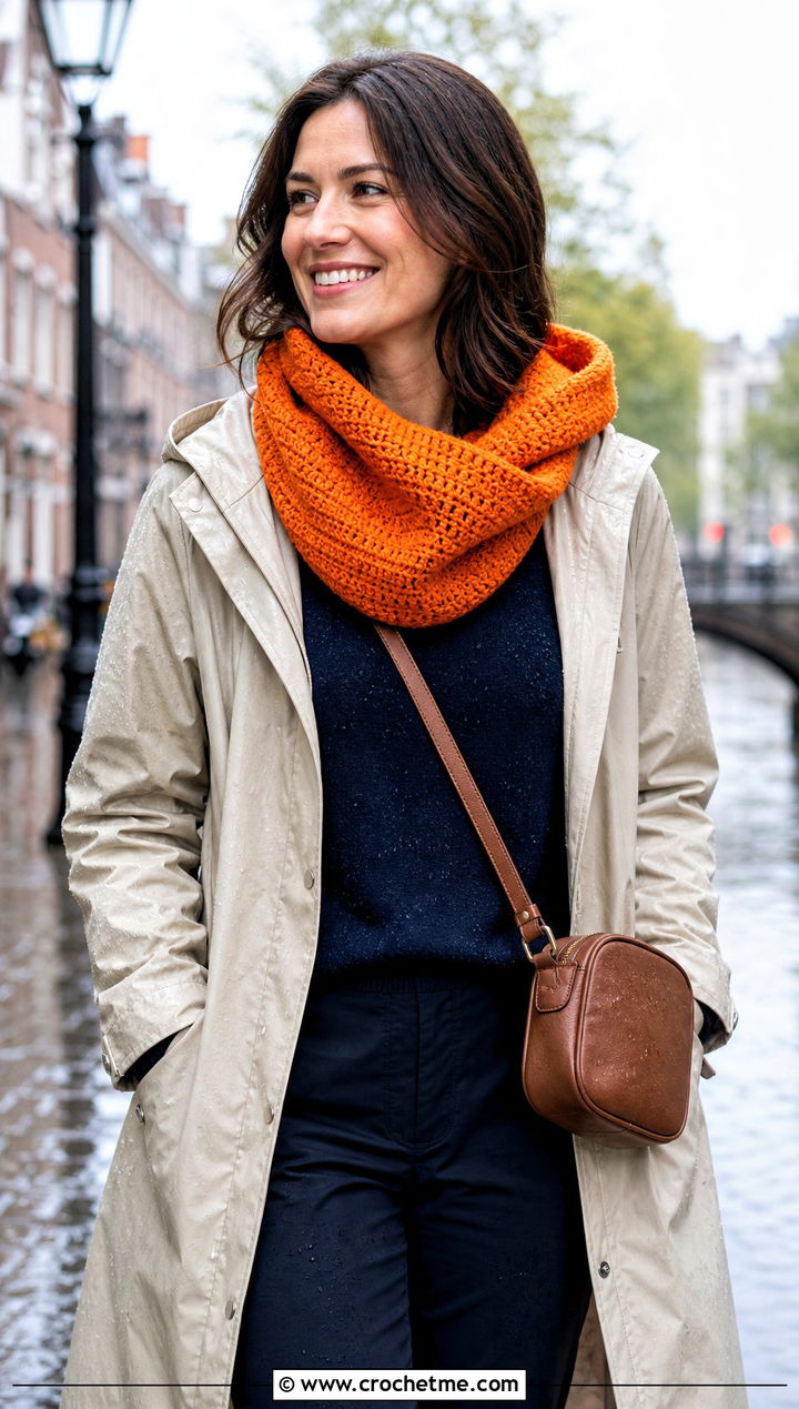 Tunisian Hooded Cowl With Raincoat And Straight Leg Pants - 15 Tunisian Crochet Cowl outfit ideas