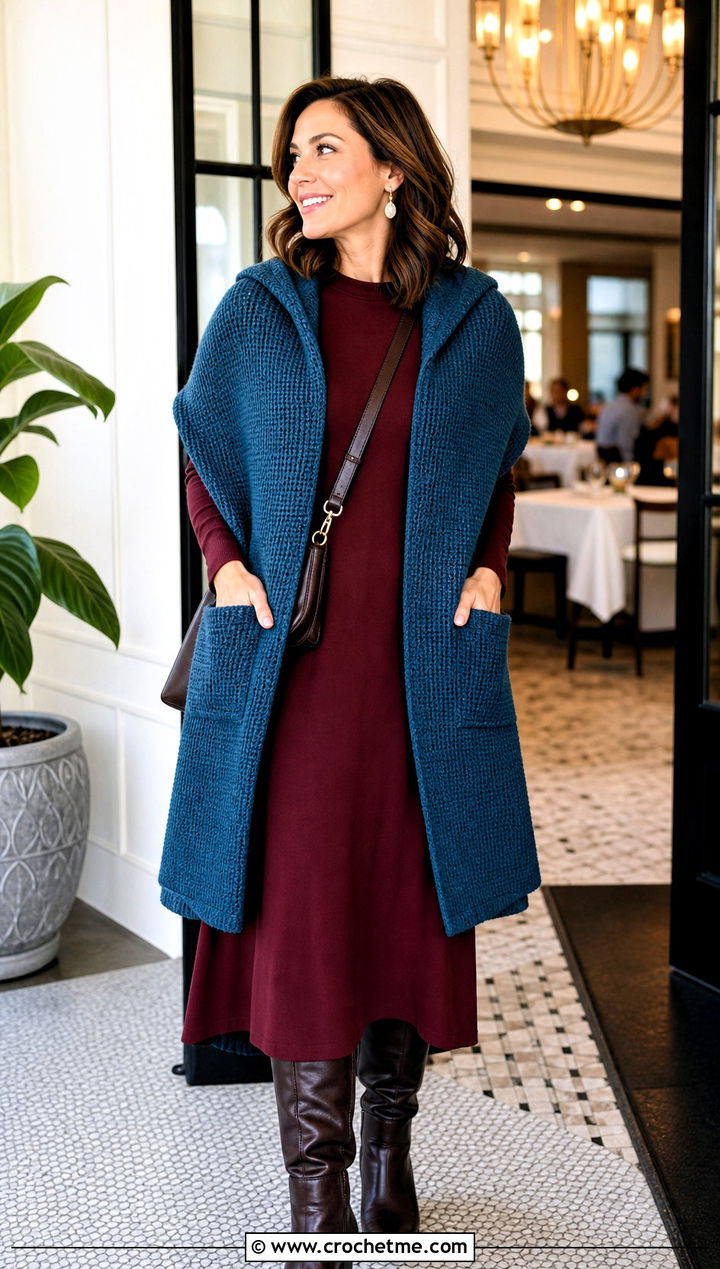 Tunisian Hooded Pocket Shawl With Midi Dress - 25 Crochet Pocket Scarf Shawl outfit ideas