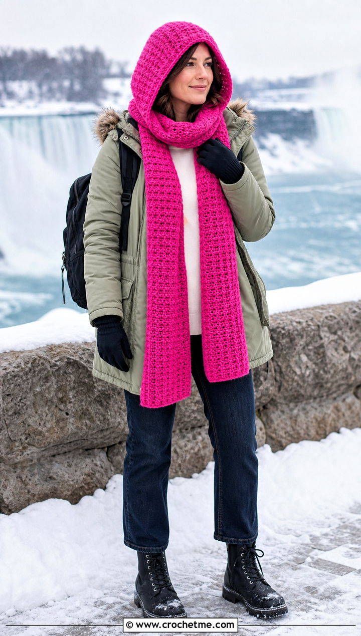 Tunisian Hooded Scarf With Parka And Jeans - 35 tunisian crochet scarf outfit ideas