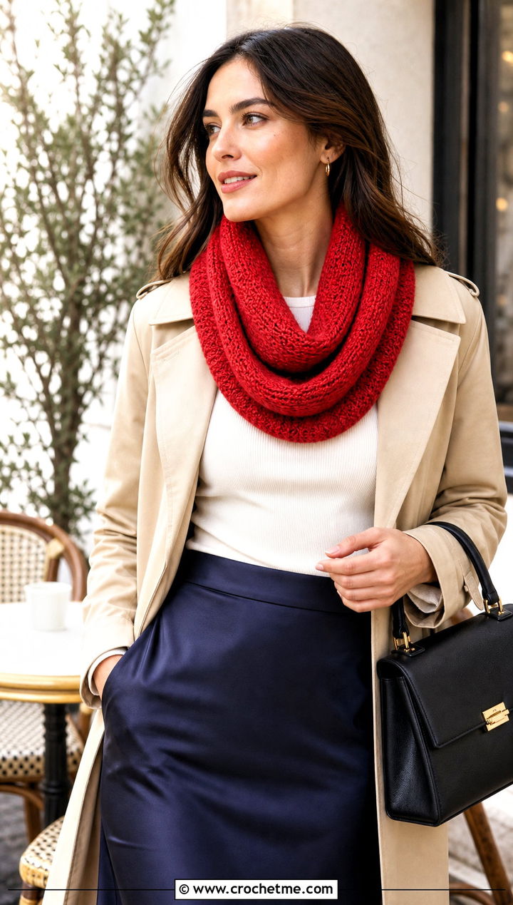 Tunisian Infinity Cowl With Trench Coat And Midi Skirt - 15 Tunisian Crochet Cowl outfit ideas
