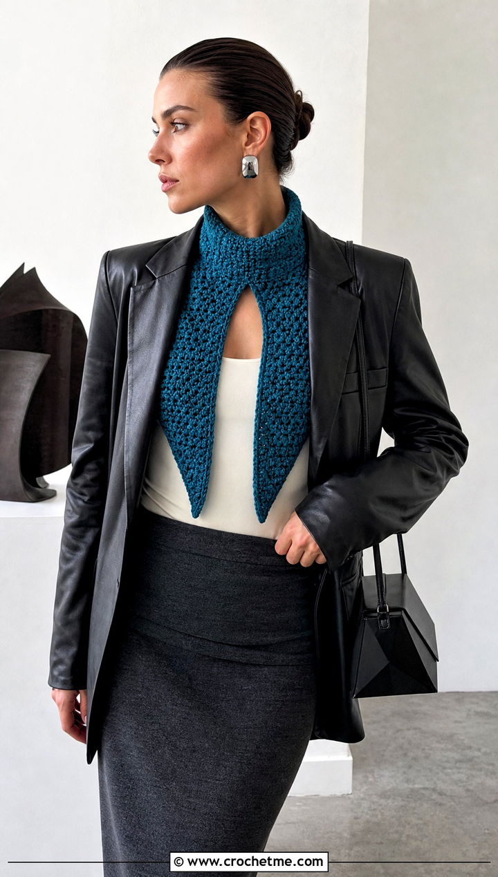 Tunisian Keyhole Crochet Scarf With Leather Blazer - 25 Keyhole Crochet Scarf outfit ideas