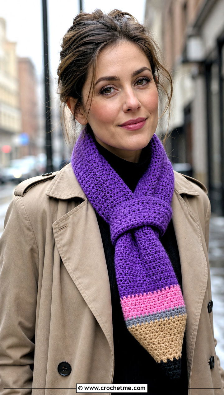 Tunisian Keyhole Pencil Crochet Scarf With Trench Coat - 30 Pencil Crochet Scarf outfit ideas