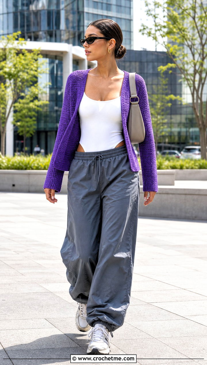 Tunisian Knit Look Crochet Cardigan With Parachute Pants - 25 Knit Look Crochet Cardigan outfit ideas